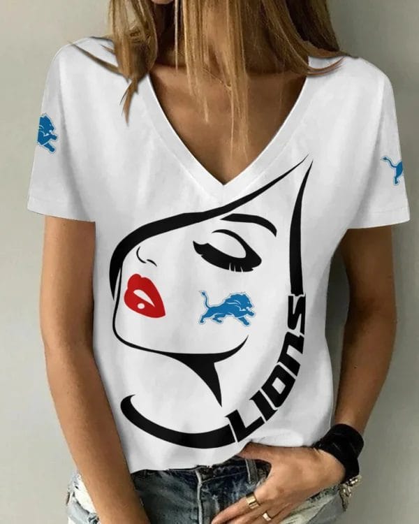 Detroit Lions Summer V-neck Women T-shirt 135 - Image 4