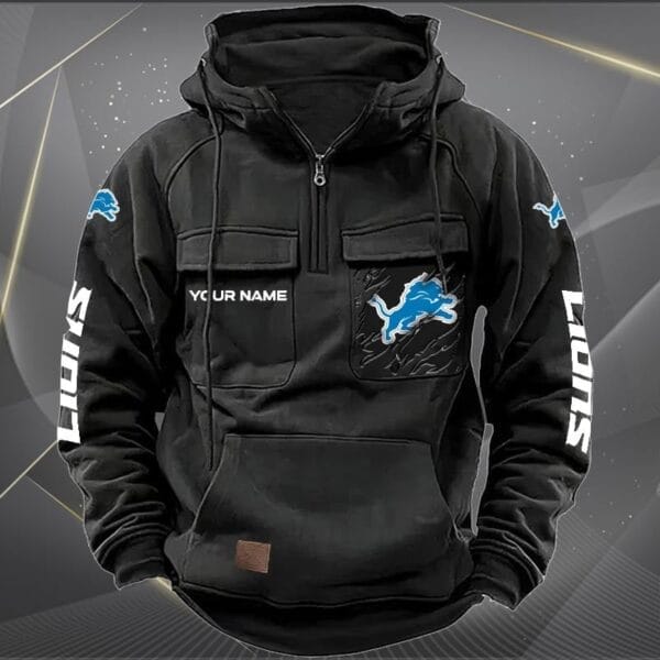 Detroit Lions  New Personalized Multi Pockets Zip Hoodie AMCMZHD000042