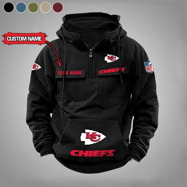Kansas City Chiefs New Personalized Multi Pockets Zip Hoodie AMCMZHD000009