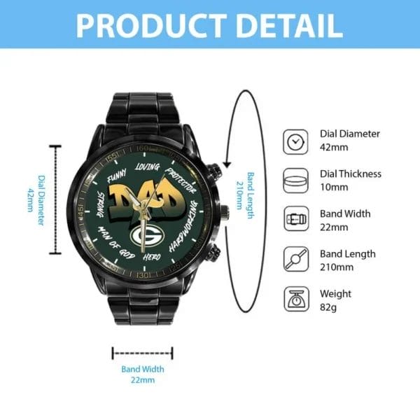Green Bay Packers Limited Edition Black Stainless Steel Watch For Father's Day AMCWA000004 - Image 4