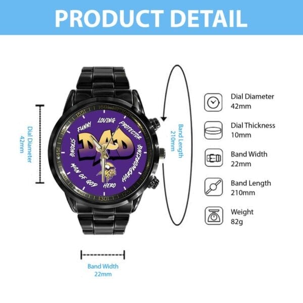 Minnesota Vikings Limited Edition Black Stainless Steel Watch For Father's Day AMCWA000007 - Image 4