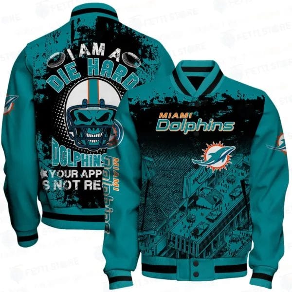 Miami Dolphins x Halloween Skull Helmet Pattern Varsity Jacket AMCCLG000600