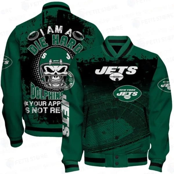 New York Jets x Halloween Skull Helmet Pattern Varsity Jacket AMCCLG000599