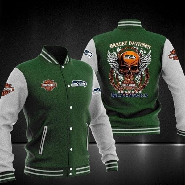 Harley Davidson x NFL Team Seattle Seahawks Baseball Jacket AMCCLG001278 Green Skull
