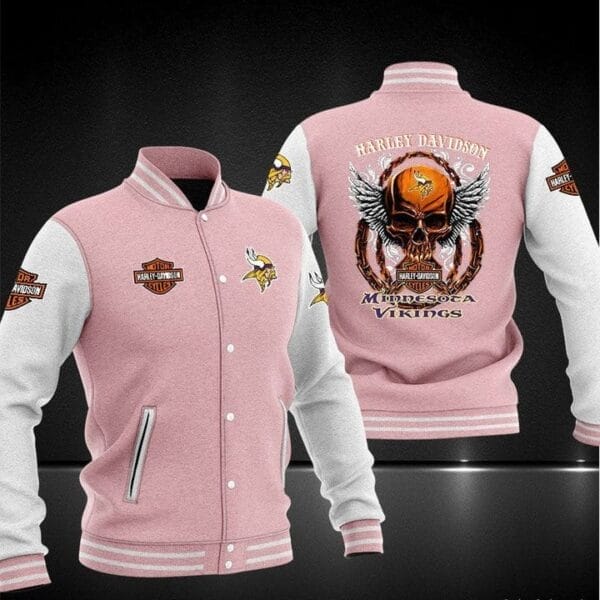 Harley Davidson x NFL Team Minnesota Vikings Baseball Jacket AMCCLG001276 Pink Grey
