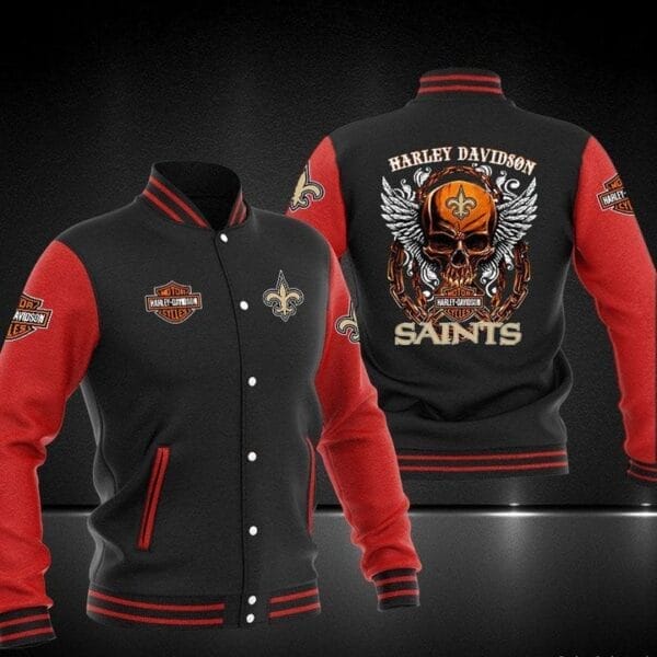 Harley Davidson x NFL Team New Orleans Saints Baseball Jacket AMCCLG001277 Black Red