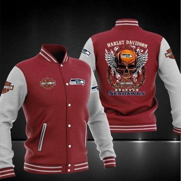 Harley Davidson x NFL Team Seattle Seahawks Baseball Jacket AMCCLG001278 Red Skull