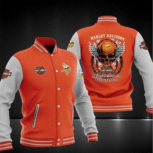 Harley Davidson x NFL Team Minnesota Vikings Baseball Jacket AMCCLG001276 Orange Grey