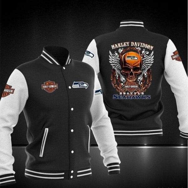 Harley Davidson x NFL Team Seattle Seahawks Baseball Jacket AMCCLG001278 Black Skull