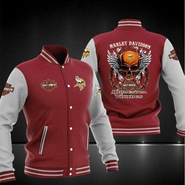 Harley Davidson x NFL Team Minnesota Vikings Baseball Jacket AMCCLG001276 Red Grey