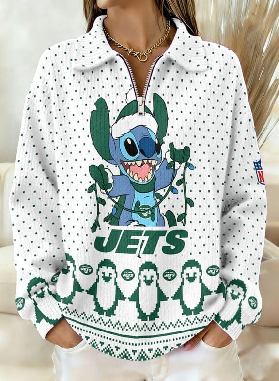 New York Jets x Stitch 2025 Edition Quarter Zip Corduroy Sweatshirt for Christmas AMCCLG001434
