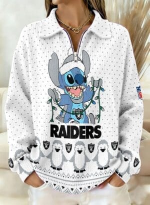 Las Vegas Raiders x Stitch 2025 Edition Quarter Zip Corduroy Sweatshirt for Christmas AMCCLG001417