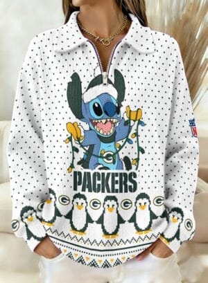 Green Bay Packers x Stitch 2025 Edition Quarter Zip Corduroy Sweatshirt for Christmas AMCCLG001416