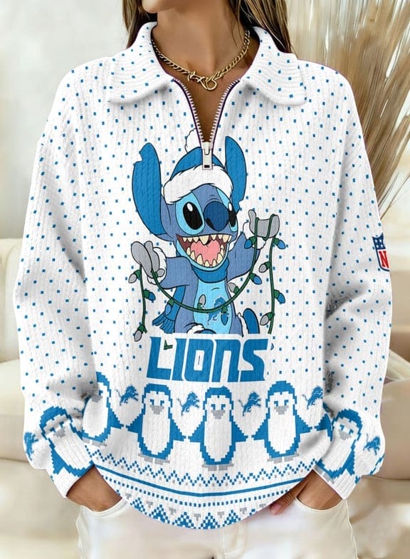 Detroit Lions x Stitch 2025 Edition Quarter Zip Corduroy Sweatshirt for Christmas AMCCLG001427
