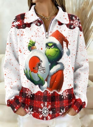 Cleveland Browns x The Grinch 2025 Edition Quarter Zip Corduroy Sweatshirt for Christmas AMCCLG001378