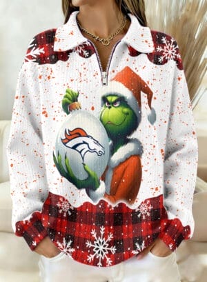 Denver Broncos x The Grinch 2025 Edition Quarter Zip Corduroy Sweatshirt for Christmas AMCCLG001397
