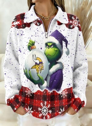 Minnesota Vikings x The Grinch 2025 Edition Quarter Zip Corduroy Sweatshirt for Christmas AMCCLG001387
