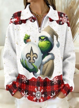 New Orleans Saints x The Grinch 2025 Edition Quarter Zip Corduroy Sweatshirt for Christmas AMCCLG001391