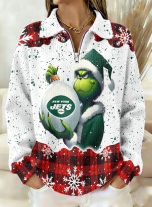 New York Jets x The Grinch 2025 Edition Quarter Zip Corduroy Sweatshirt for Christmas AMCCLG001404