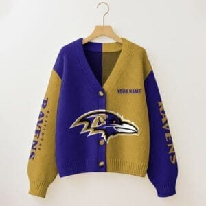 Baltimore Ravens Oversized V-Neck Knit Cardigan Custom Any Name AMCCLG001651