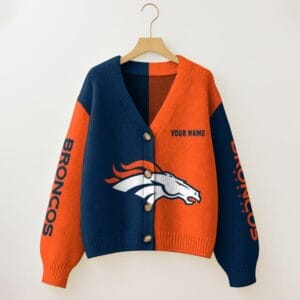Denver Broncos Oversized V-Neck Knit Cardigan Custom Any Name AMCCLG001658