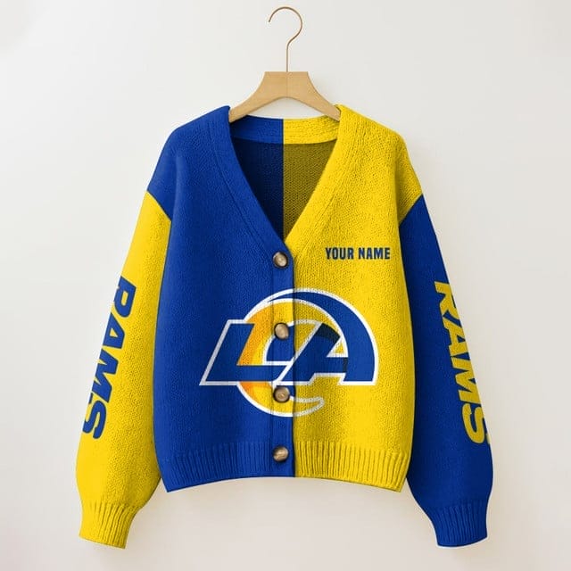 Los Angeles Rams Oversized V-Neck Knit Cardigan Custom Any Name AMCCLG001667