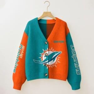 Miami Dolphins Oversized V-Neck Knit Cardigan Custom Any Name AMCCLG001668