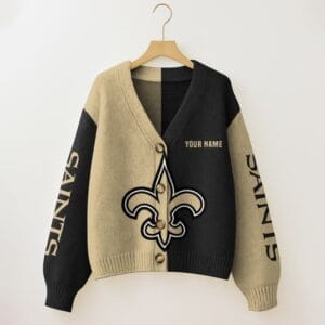 New Orleans Saints Oversized V-Neck Knit Cardigan Custom Any Name AMCCLG001671