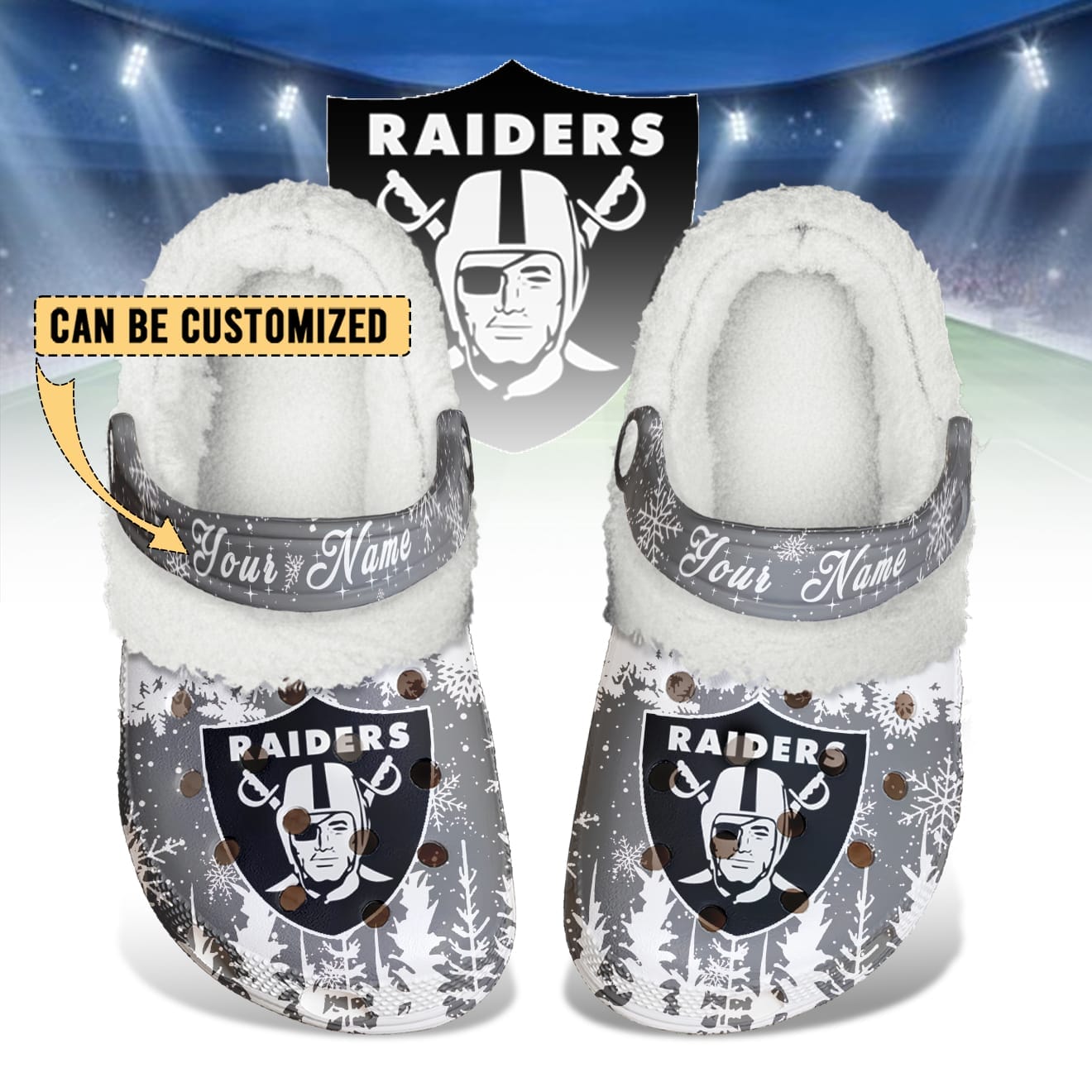 Las Vegas Raiders Christmas Fleece Clogs Shoes Customized For Fans AMCSHOES000178